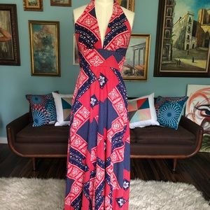 Vintage 70’s Bandana Halter Maxi Dress | Size S